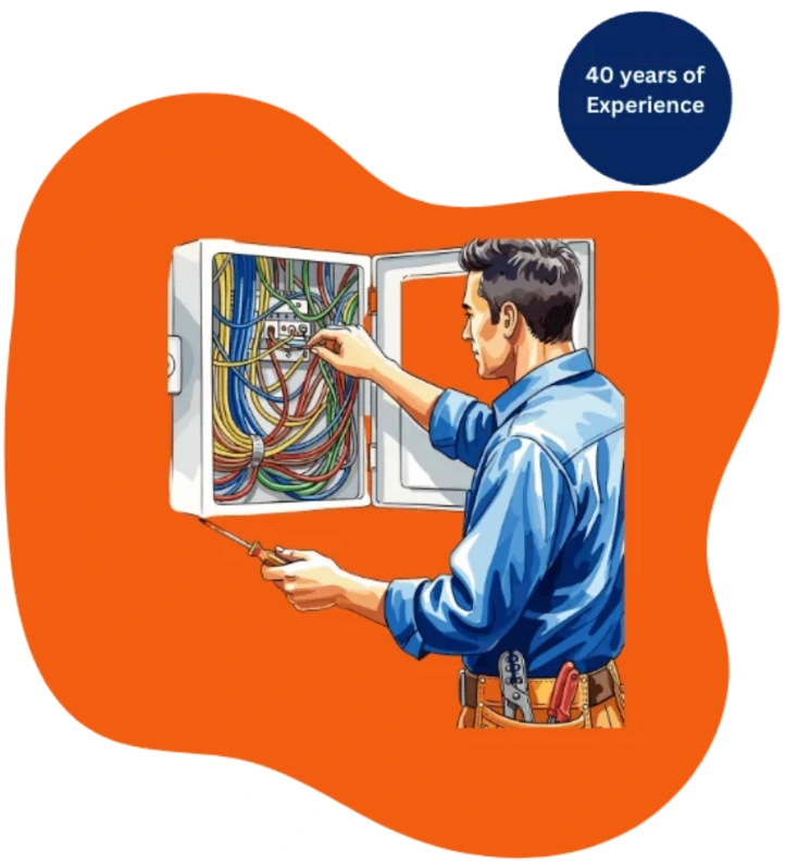 Cable technician illustration with 40 years of experience badge